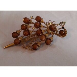 Vintage Gold-Toned Peacock Hair Pin With Brown Gemstones & Intricate Detailing